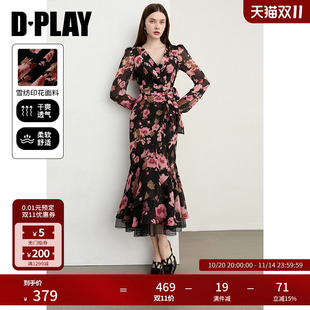 长袖 DPLAY2025年秋季 气质法式 黑色连衣裙女长款 雪纺印花裙子 新款