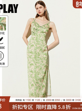 DPLAY夏季绿色连衣裙女印花吊带国风裙子垂坠感缎面沙滩裙