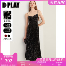 DPLAY2024夏季闪钻裙晚礼服黑色重工亮片连衣裙鱼尾吊带裙礼服裙