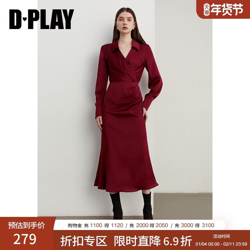 DPLAY2025年秋季法式复古缎面红色V领千金风连衣裙鱼尾裙长裙女