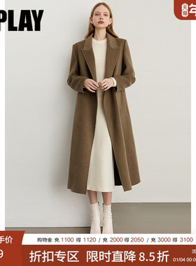 DPLAY2025年冬季新款绿色羊毛毛呢大衣女长款含羊绒双面呢子大衣