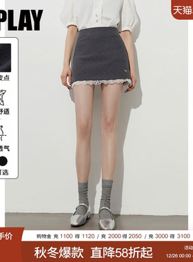 DPLAY【惠品】2025年冬季新款灰色半身裙女波点裙子蕾丝花边短裙
