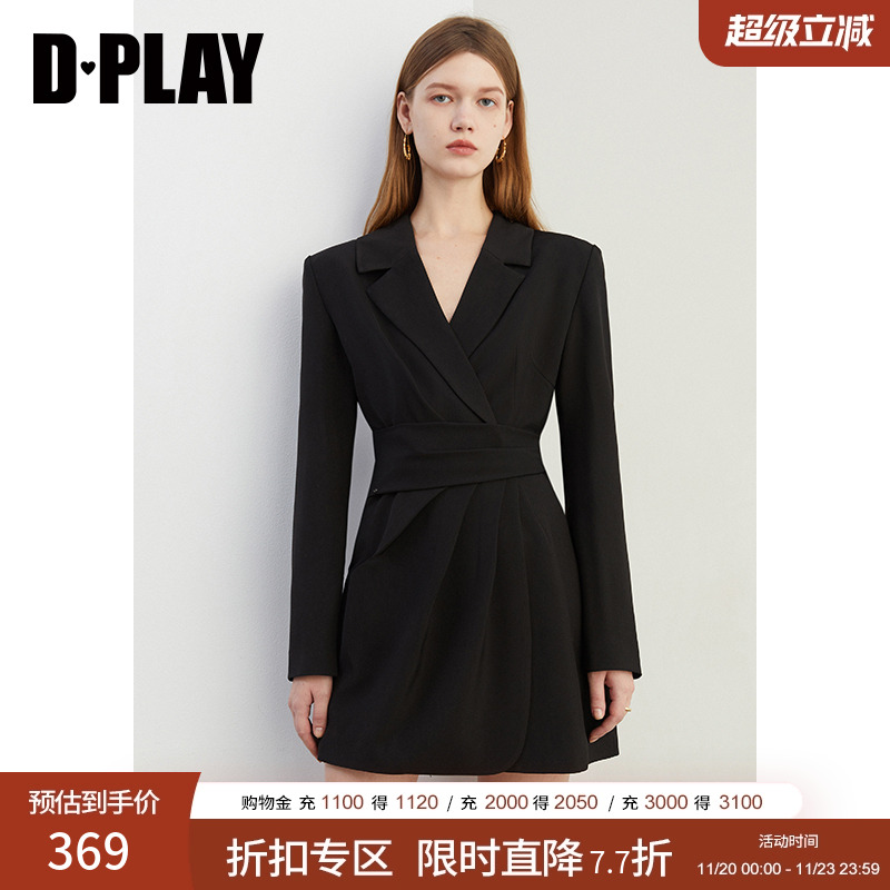 DPLAY通勤A型翻驳领长袖连衣裙