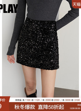 DPLAY【惠品】2025年秋季黑色半身裙女短气质亮片裙子短裙半裙