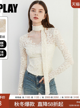DPLAY2025秋季气质法式白色可拆卸飘带修身绒感蕾丝加绒上衣女