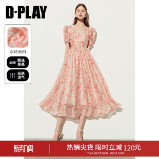 印花长裙粉色连衣裙女 海边沙滩裙泡泡袖 DPLAY夏季 气质法式