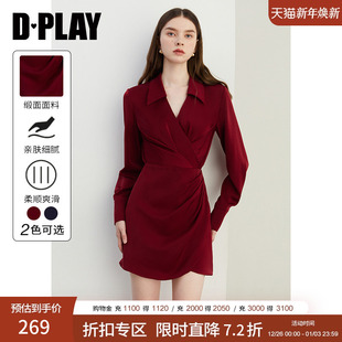 小红裙长袖 DPLAY2025秋季 衬衫 气质红色连衣裙女收腰复古短款 新款