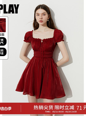 DPLAY夏季新款红色连衣裙女短款回门服法式气质礼服裙子
