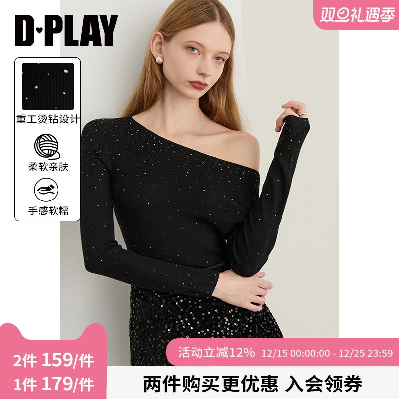 DPLAY2025年秋季新款黑色针织衫女钉钻设计设计含羊毛打底衫上衣