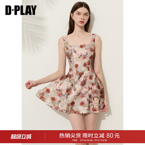 DPLAY红色印花方领吊带连衣裙度假风短裙2026夏季新款法式女裙