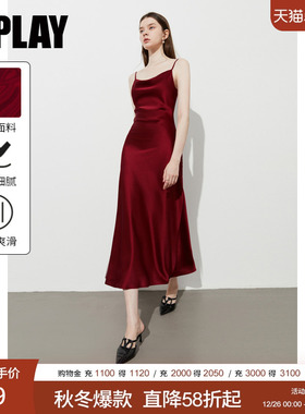DPLAY2025年夏季新款红色吊带连衣裙女法式收腰缎面礼服裙子长裙