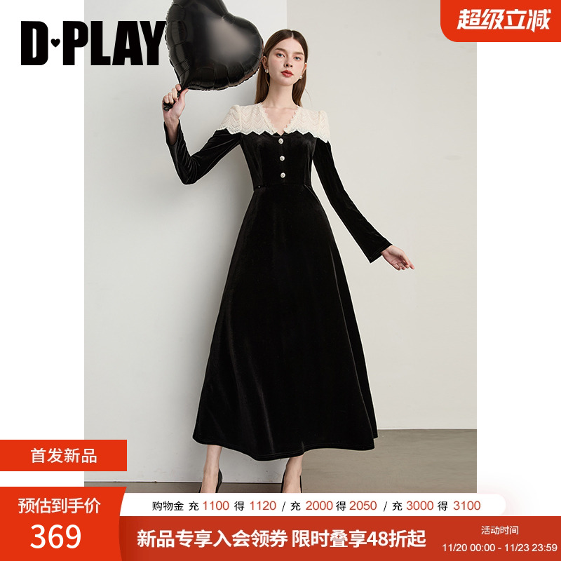 DPLAY【蜜恋衣橱系列】2025年秋季新款黑色连衣裙丝绒蕾丝长裙女