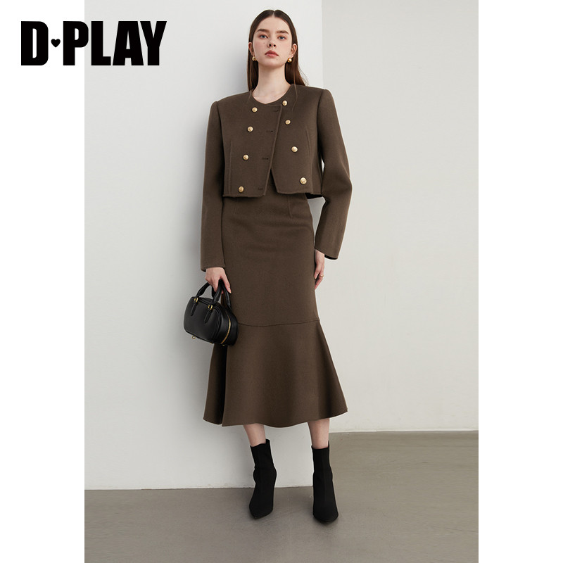 DPLAY冬季法式复古卡其千金风外套100羊毛双面呢套装女