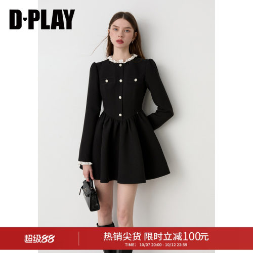 DPLAY黑色小香风连衣裙女荷叶边泡泡袖收腰A字短裙2026秋季