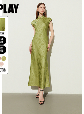 DPLAY夏季新款国风绿色缎面提花新中式旗袍长款连衣裙女裙子