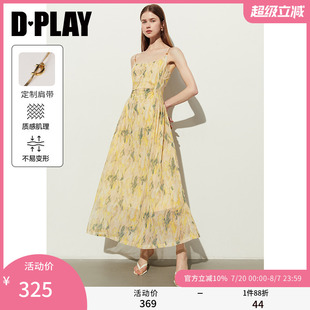 度假黄色连衣裙女印花吊带海边度假沙滩裙长裙 DPLAY年夏季