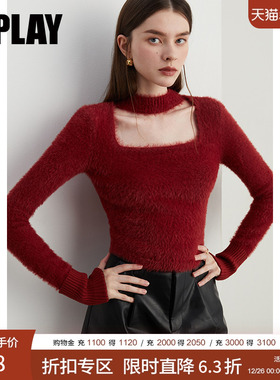 DPLAY秋季新款法式红色镂空毛衣针织衫气质修身显瘦长袖女