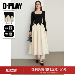 DPLAY黑色连衣裙法式 黑白拼色长裙复古方领伞裙蓬蓬裙2026春季