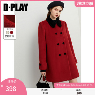 DPLAY冬新優(yōu)雅復(fù)古紅可愛小個子絲絨娃娃領(lǐng)寬松翻袖 呢子大衣