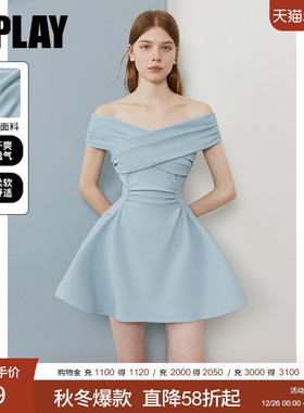 DPLAY【腰精裙系列】2025年夏季新款蓝色一字肩连衣裙女礼服裙子