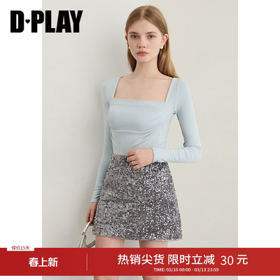 DPLAY【惠品】秋季蓝色t恤女流行法式气质修身方领上衣