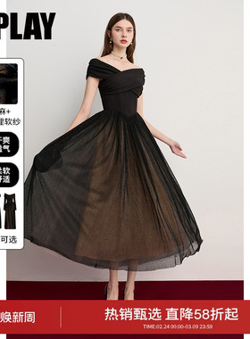 DPLAY【小黑裙系列】2026春季黑色连衣裙晚礼服一字肩长款大摆裙