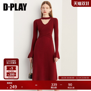DPLAY2025年秋季 红色连衣裙女针织裙子气质毛衣裙礼服裙长裙 新款