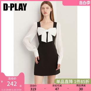 优雅黑拼白撞色鎏光纱蝴蝶结连衣裙小黑裙短裙女 DPLAY女装 法式