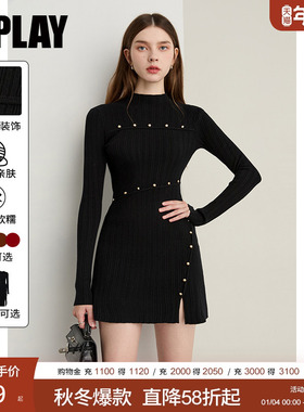 DPLAY黑色连衣裙女裙子冬季新款下摆开叉气质毛衣裙针织裙短裙