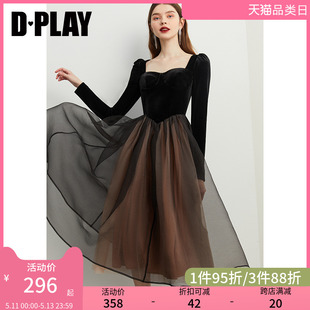 公主裙晚礼服 DPLAY秋冬连衣裙赫本风丝绒连衣裙黑色礼服裙冬季