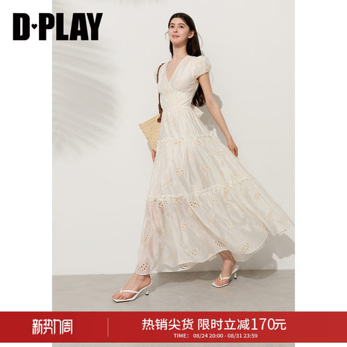 DPLAY2026年夏季新款白色连衣裙女文艺风泡泡袖镂空刺绣收腰长裙