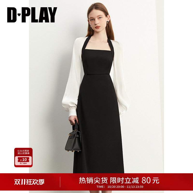 DPLAY黑色方领法式长袖连衣裙新款气质黑白拼接长裙赫本风裙子女