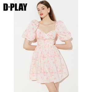 DPLAY夏新款法式复古重工后背蝴蝶结意画粉色印花连衣裙