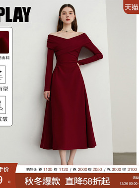 DPLAY2025年秋季新款法式红色连衣裙女好看气质洋气修身长款裙子