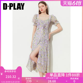 DPLAY2024年夏紫色连衣裙海边度假裙雪纺连衣裙法式碎花裙长裙女