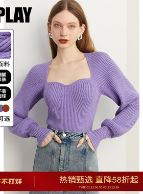 DPLAY紫色毛衣春季女气质高级多巴胺法式方领针织衫上衣毛衣女