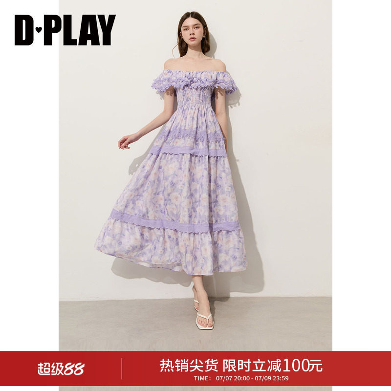 DPLAY【度假系列】紫色一字领荷叶边蕾丝无袖印花连衣裙2026夏季