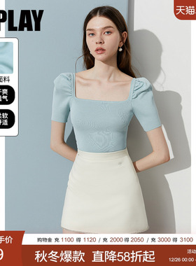 DPLAY2025夏季新款法式蓝色方领上衣女修身短袖针织衫女冰麻t恤
