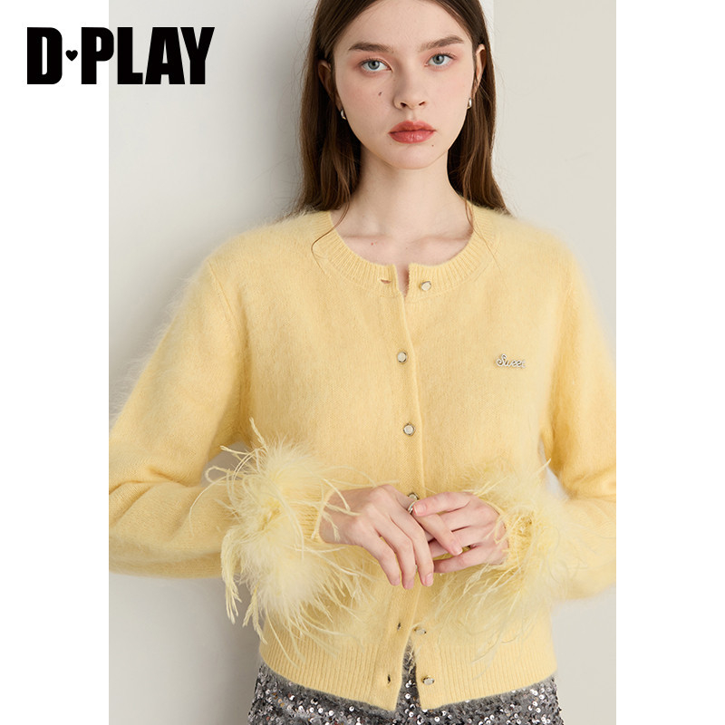 DPLAY【黑标】2025年秋季新款圆领闪钻袖口可拆羽毛针织开衫
