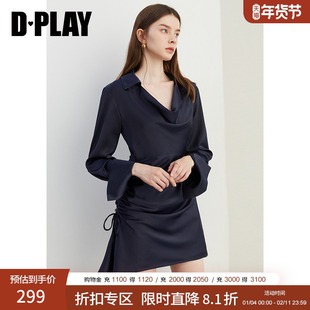 DPLAY2025年秋季新款气质法式藏青色连衣裙女收腰长袖缎面裙子