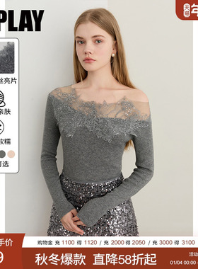 DPLAY含羊毛灰色针织衫女新款性感高级露肩一字肩拼接蕾丝上衣