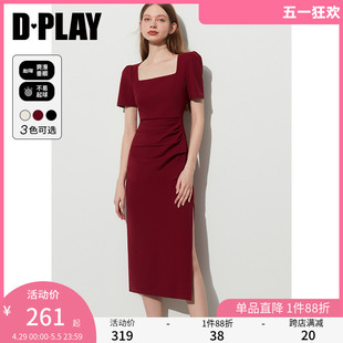 复古红色连衣裙方领红色回门服礼服订婚服女 DPLAY2024春夏法式