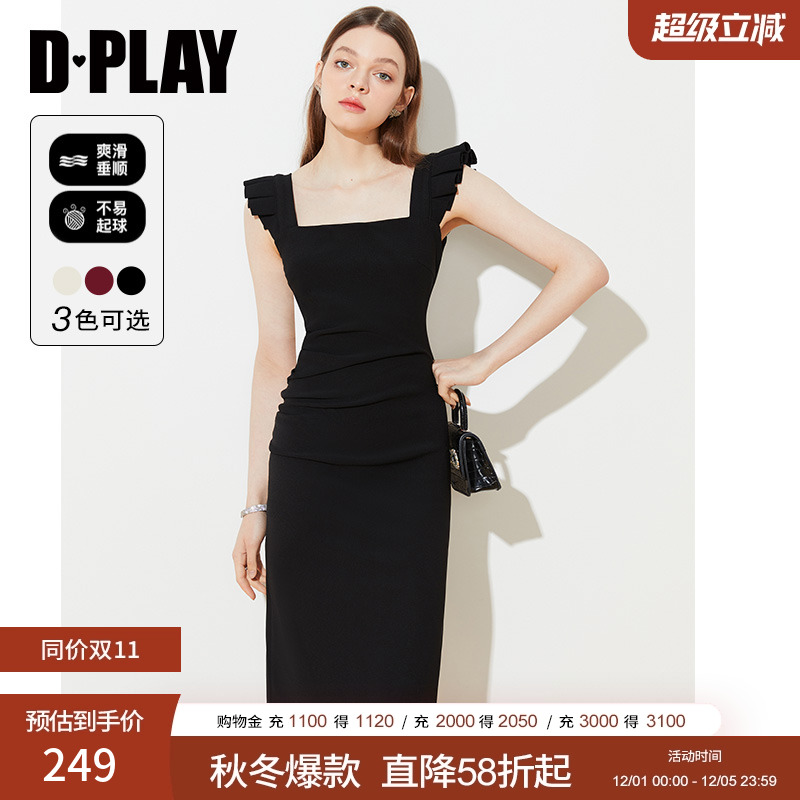 DPLAY方领连衣裙吊带裙小黑裙