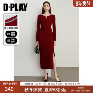 DPLAY2025秋季新款红色连衣裙女开叉长裙订婚敬酒服宴会礼服裙子