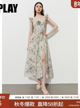 DPLAY【度假系列】2025年夏季新款绿色连衣裙女气质裙子开叉长裙