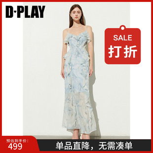 DPLAY 气质度假蓝色连衣裙女雪纺吊带海边沙滩裙 黑标 夏季