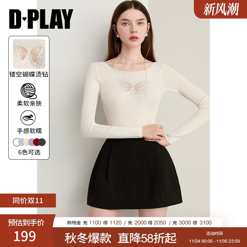 DPLAY2025秋季新款白色一字肩蝴蝶镂空针织打底衫露肩显瘦上衣