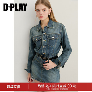 DPLAY2026年春季新款蓝色连衣裙女短款正肩宽松牛仔裙子长袖短裙