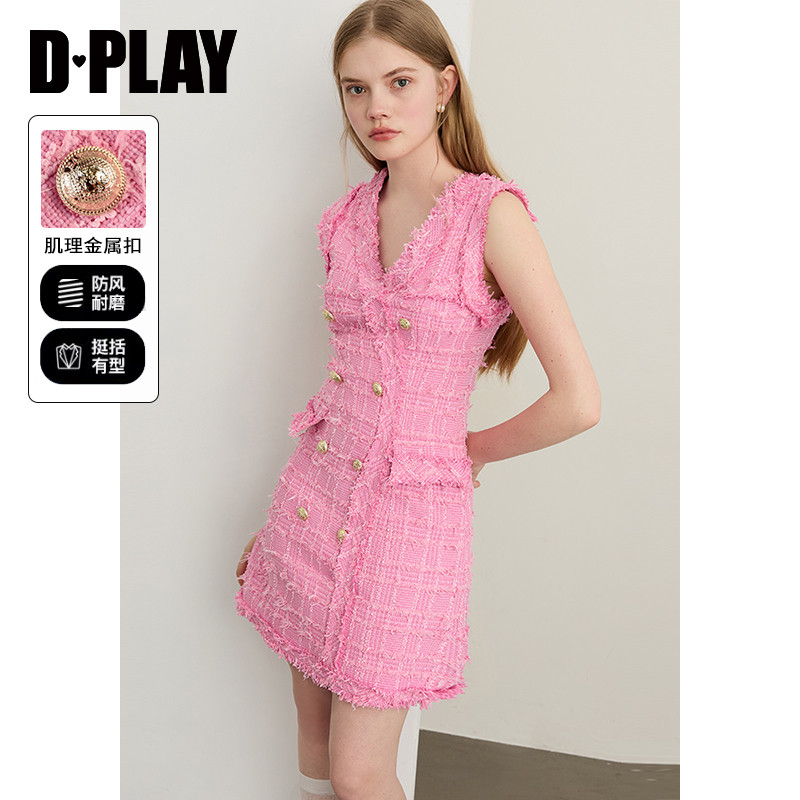 DPLAY2025年秋季新款粉色连衣裙女流行气质粗花呢裙子小香风短裙,女装/女士精品,连衣裙,淘宝优惠券,粉丝福利购,淘宝优惠卷