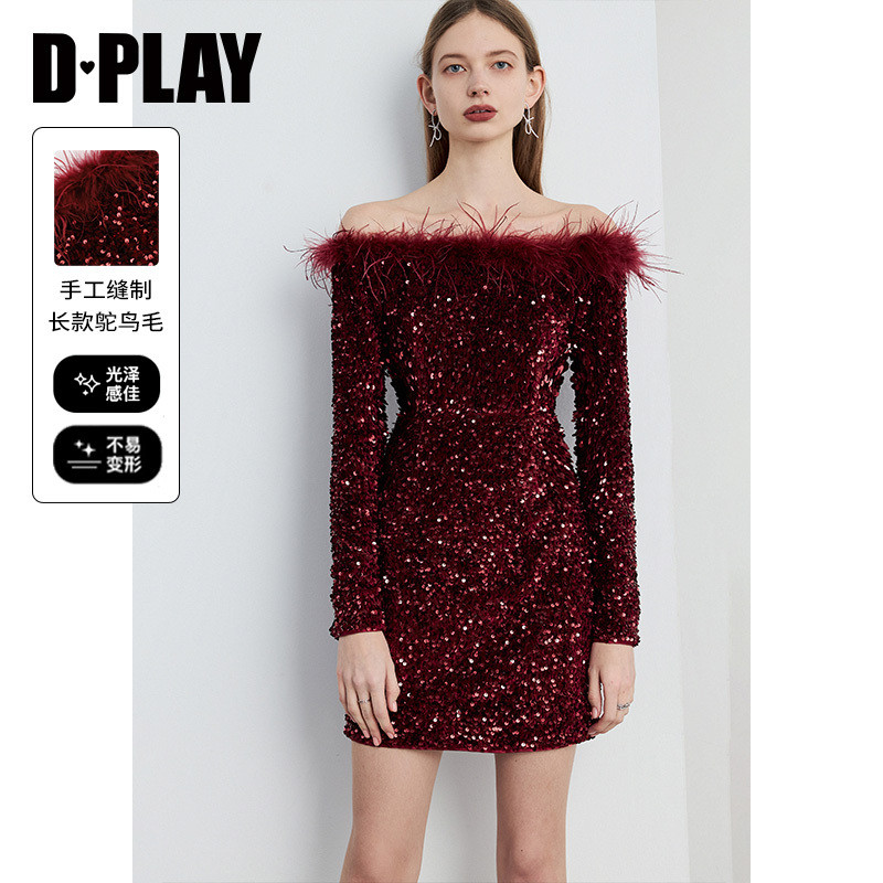 DPLAY冬一字肩领红色丝绒亮片A字修身晚礼服礼服裙连衣裙女